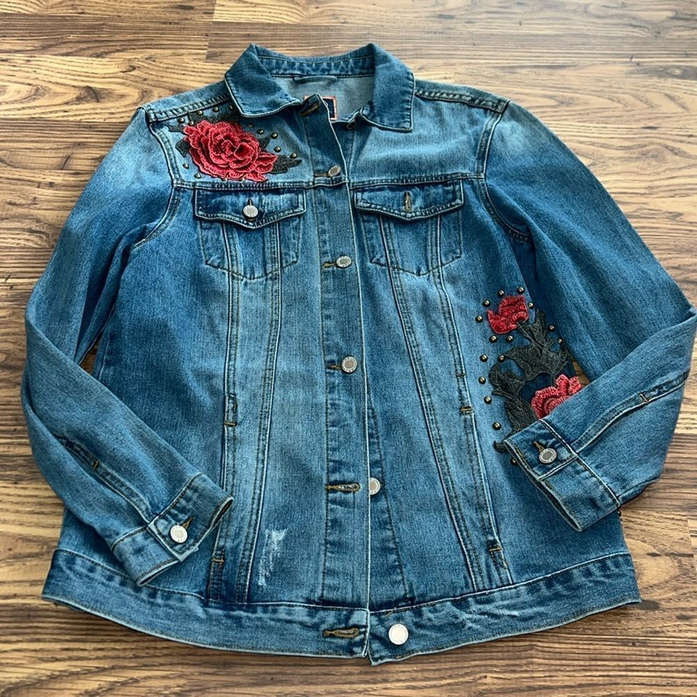 Boom Boom Jeans Blue Denim Jacket with Red Floral Embroidery size Medium